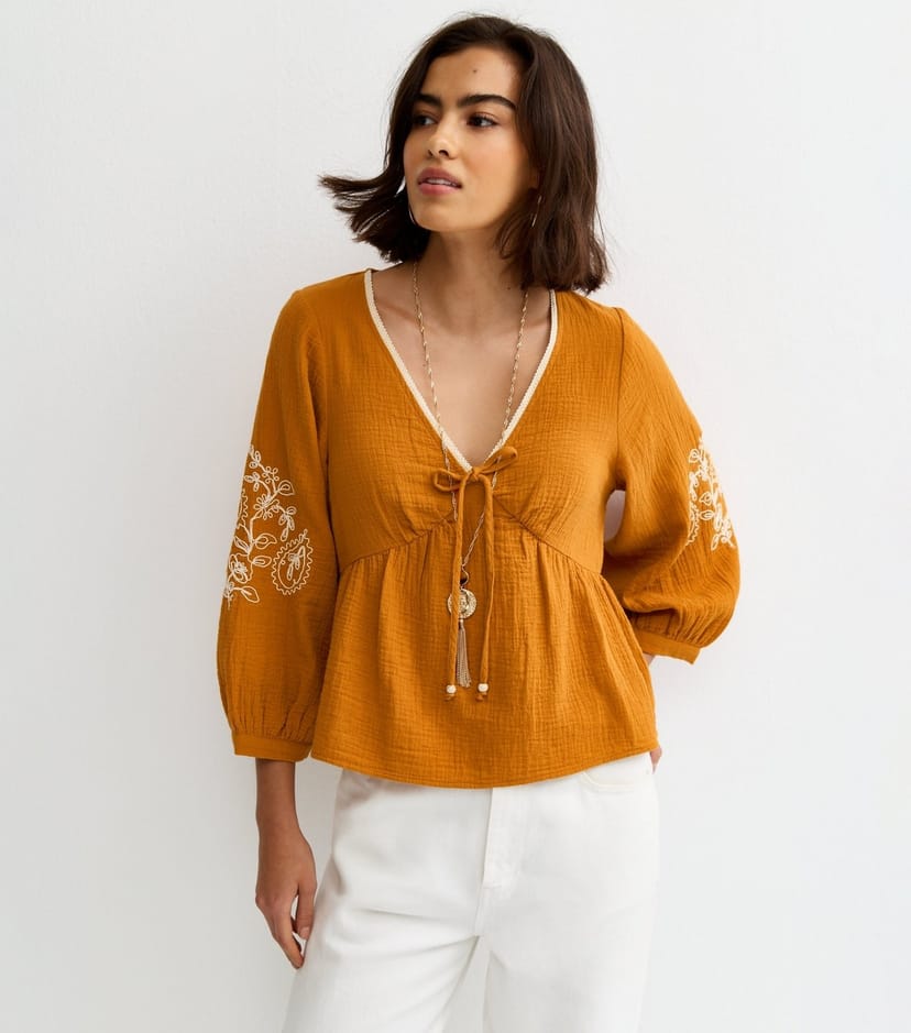 New Look Women's Orange Embroidered Sleeve Tea Blouse New Look - 1