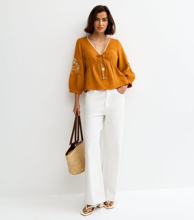 New Look Women's Orange Embroidered Sleeve Tea Blouse New Look - 2