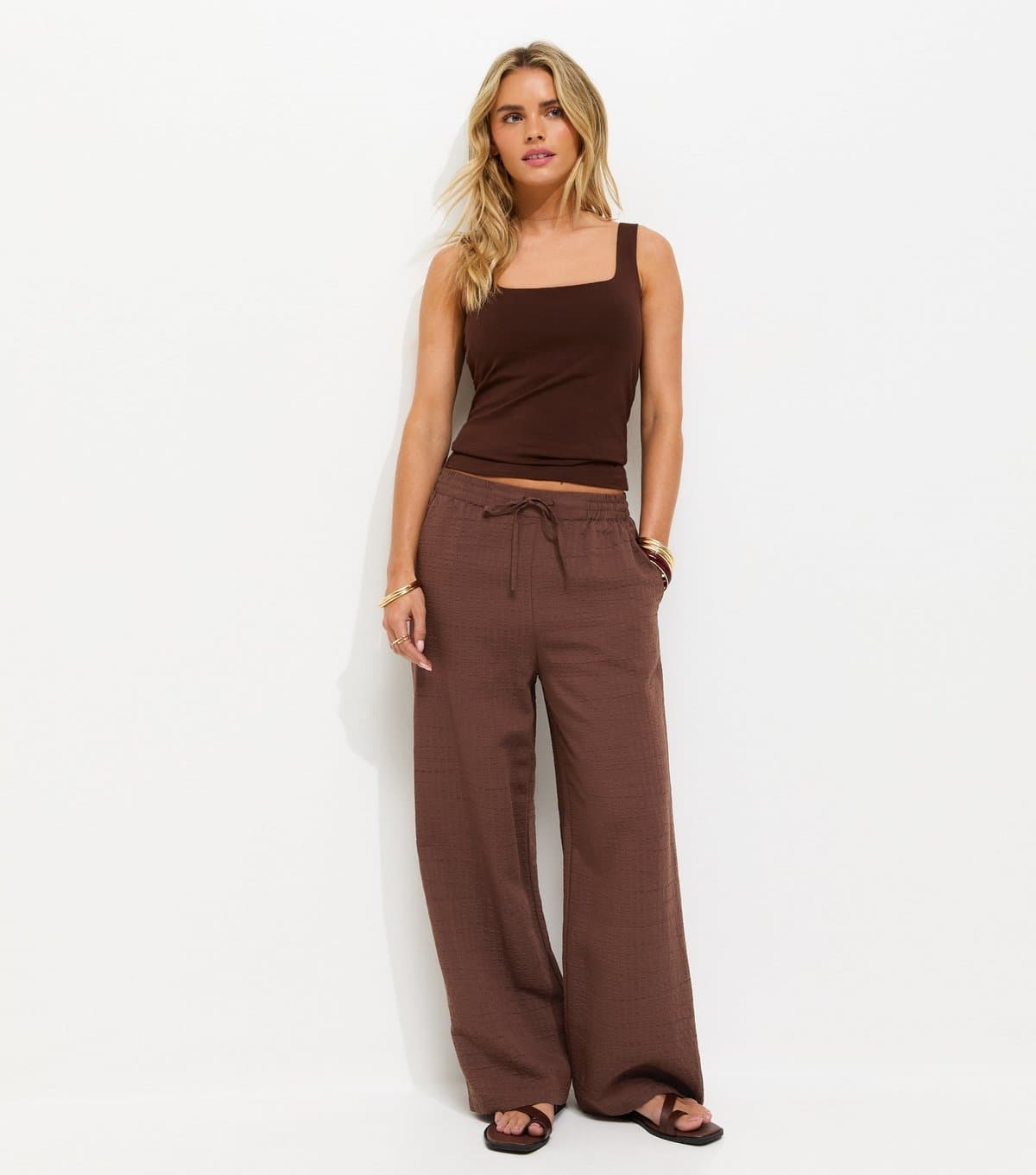 New Look Women's Petite Dark Brown Crinkled Striped Wide Leg Trousers New Look