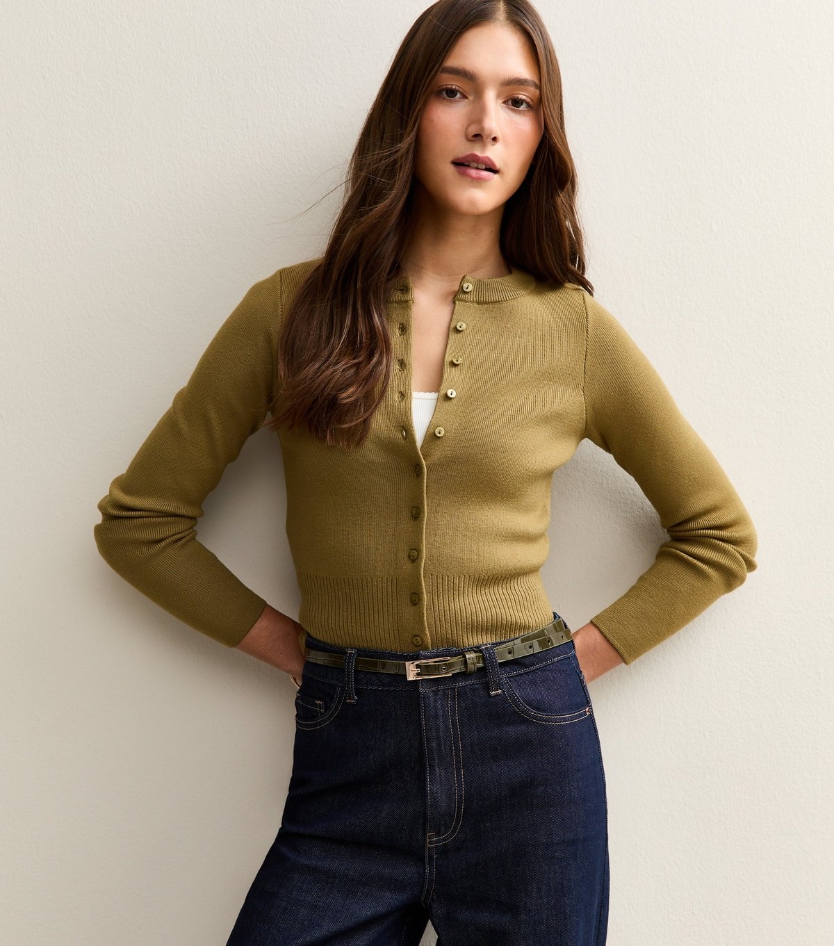 New Look Dark Khaki Faux Leather Croc Embossed Skinny Belt New Look - 2