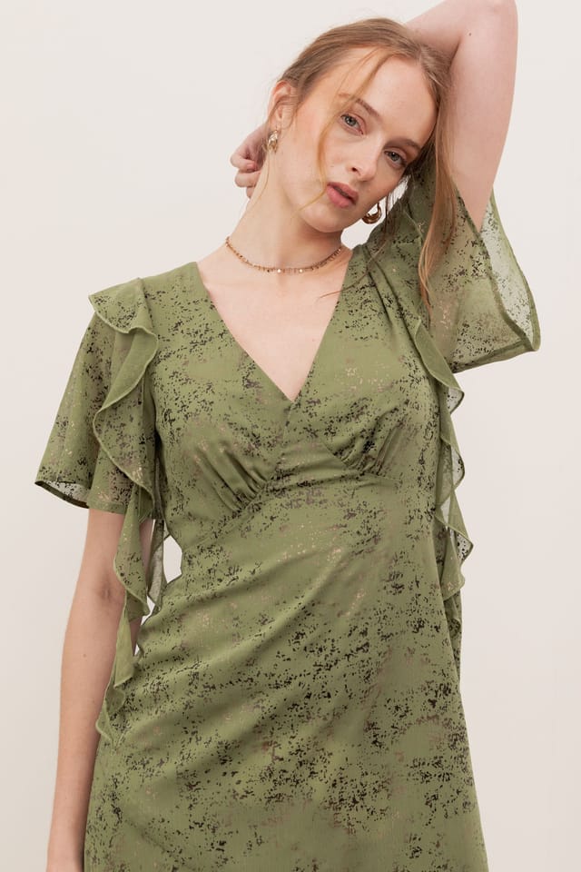 Lovedrobe Lovedrobe Women's Angel Sleeve V Neck Midaxi Dress in Green - 3