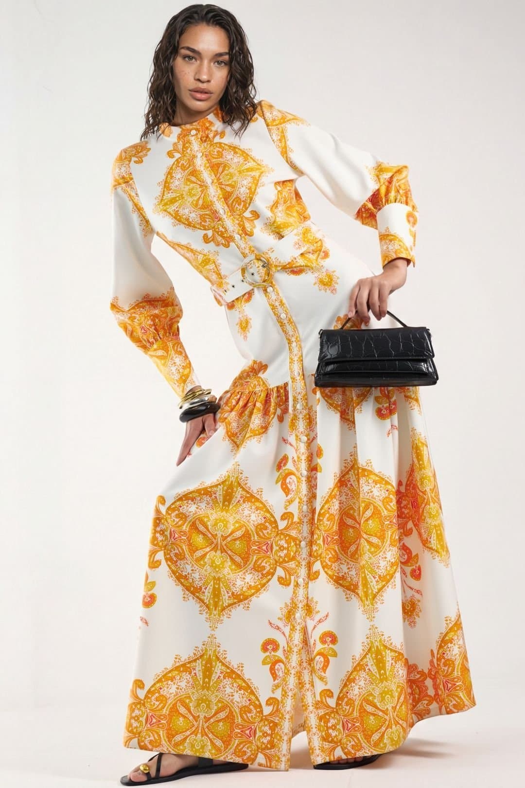 MSN Collection MSN Collection Women's Paisley Print Belted Maxi Dress with Shirt Collar in Orange