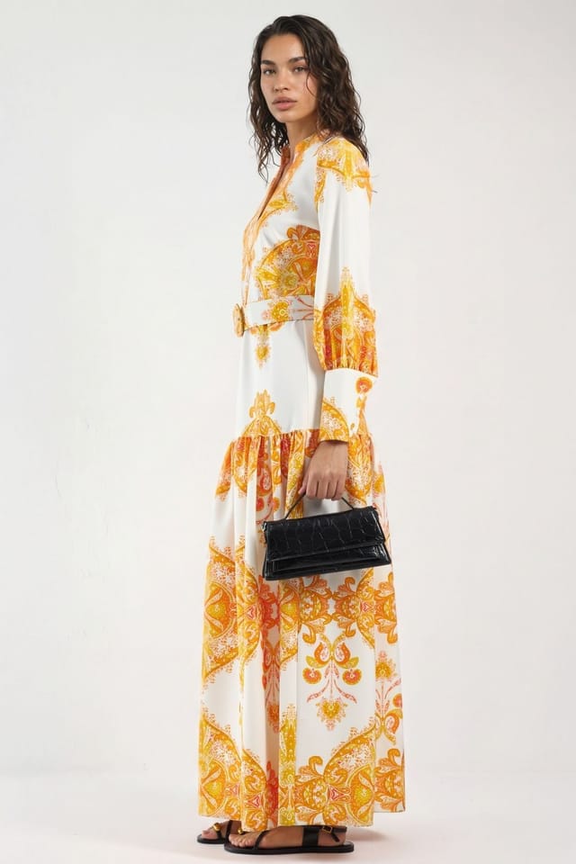 MSN Collection MSN Collection Women's Paisley Print Belted Maxi Dress with Shirt Collar in Orange - 2