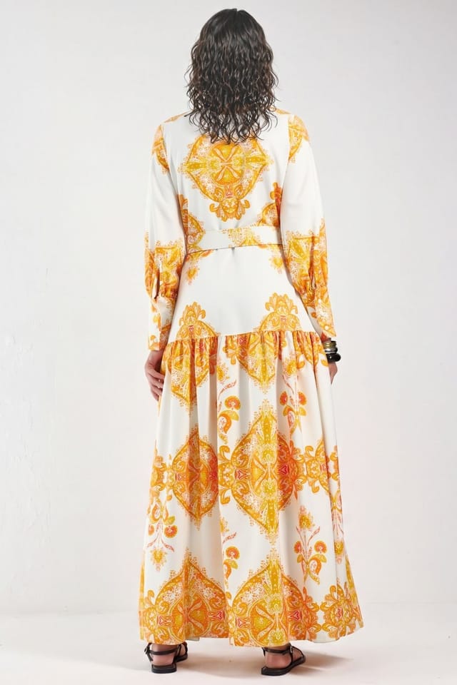 MSN Collection MSN Collection Women's Paisley Print Belted Maxi Dress with Shirt Collar in Orange - 3