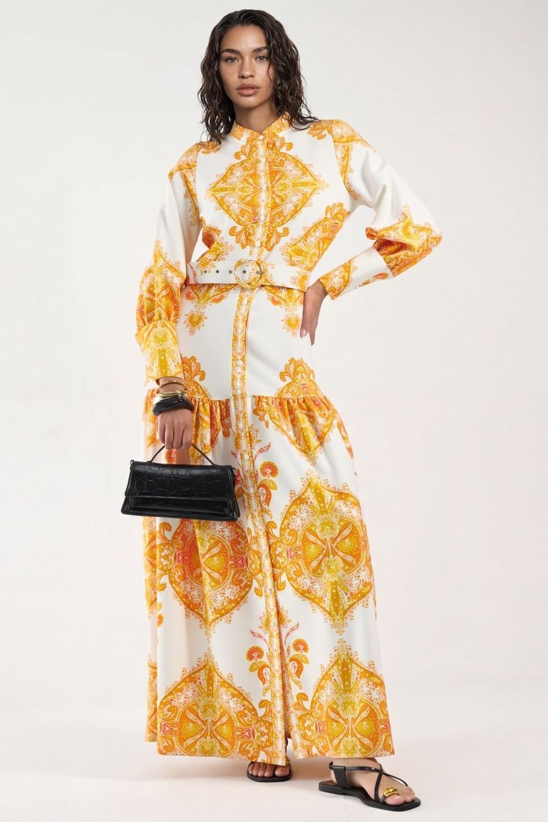 MSN Collection MSN Collection Women's Paisley Print Belted Maxi Dress with Shirt Collar in Orange - 4