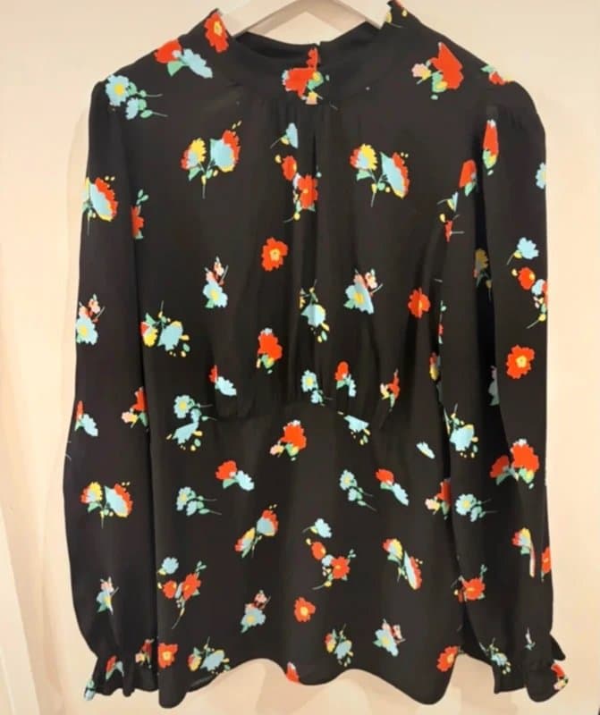 Marks & Spencer M&S Black Floral Blouse UK 16 Long Sleeve High Neck Peplum Top Retro Vintage Style