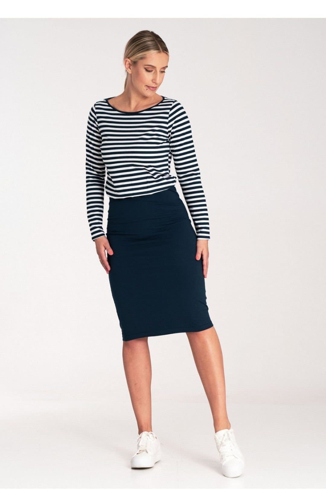 Love Lace Love Lace Navy Blue Cotton Striped Long Sleeve Pencil Skirt