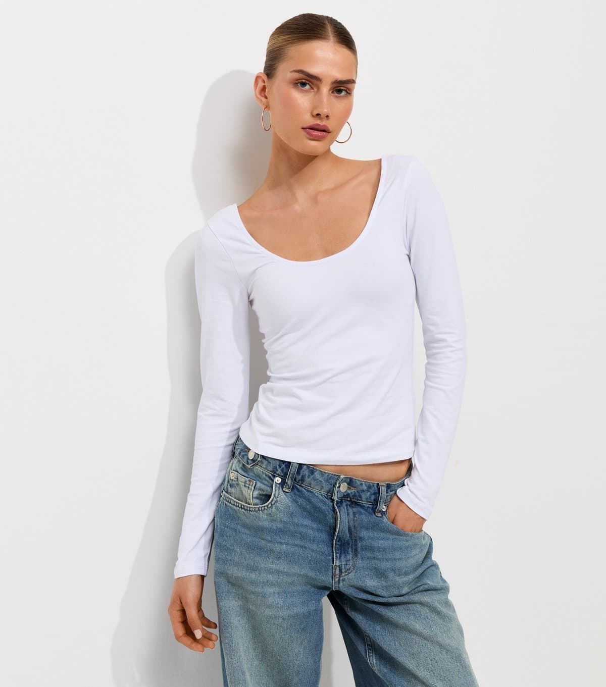 New Look Women's White Cotton Rich Long Sleeve Scoop Neck Top New Look