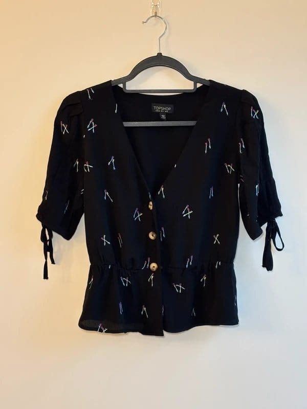 Topshop Black Colourful Arrow Embroidered V-Neck Button Blouse