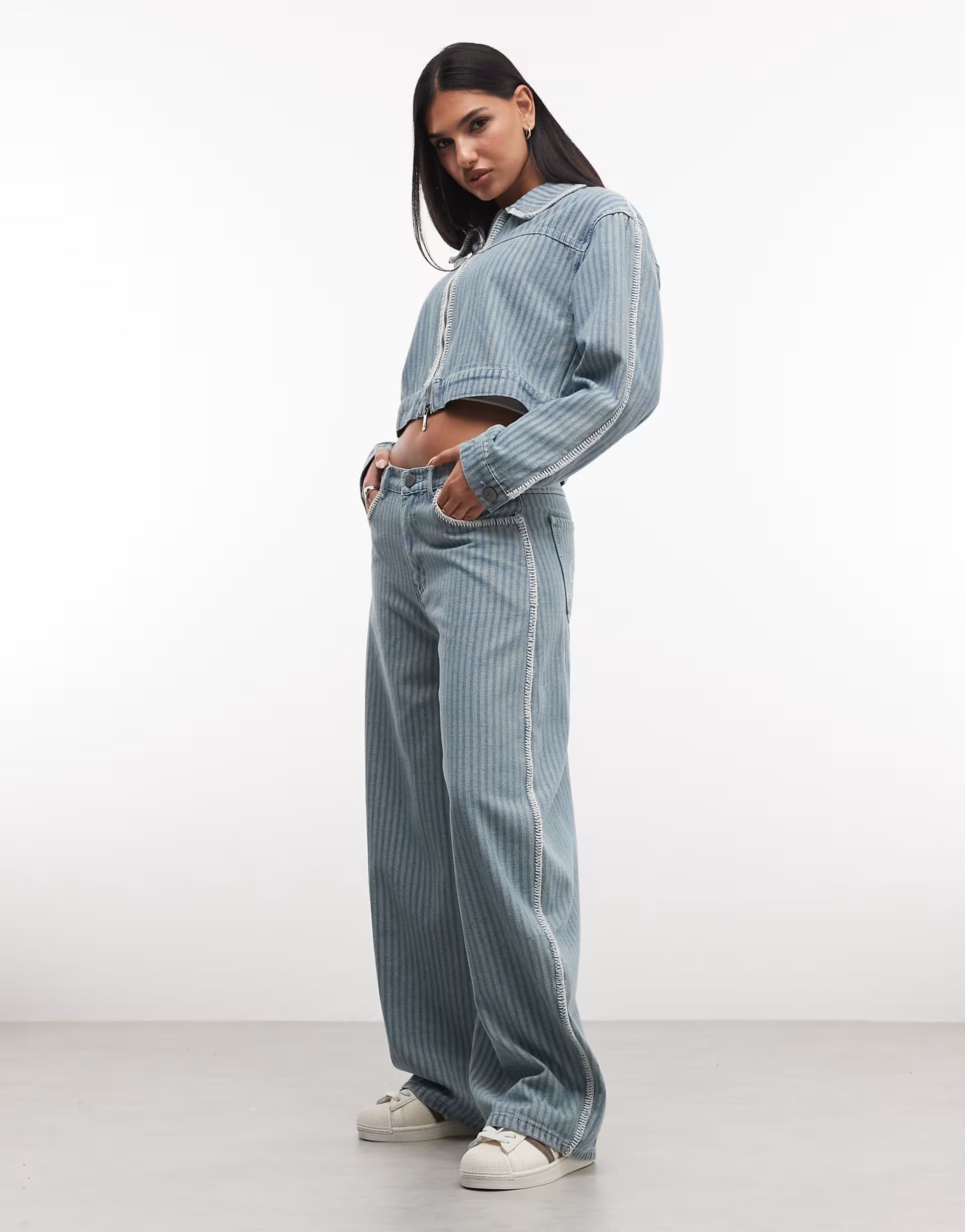 ASOS Liquor N Poker boxy pinstripe denim co-ord with embroidery detail in blue
