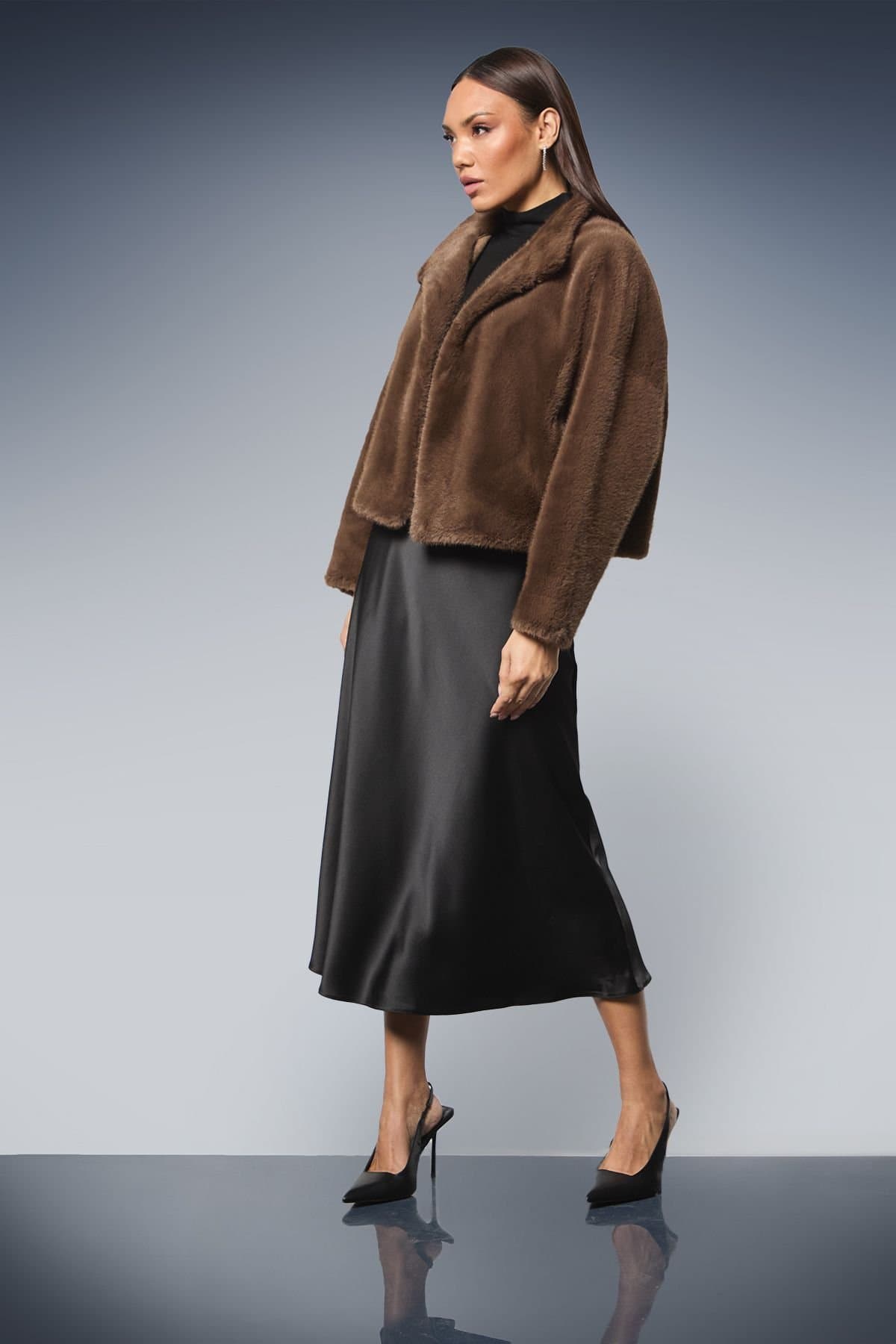 Principles Principles Women's Faux Fur Wrap Neck Short Coat in Brown
