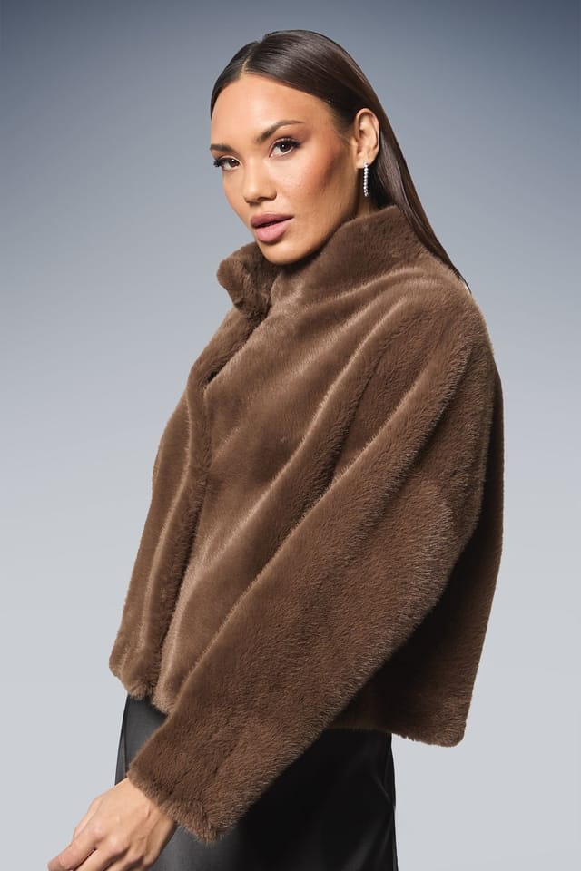 Principles Principles Women's Faux Fur Wrap Neck Short Coat in Brown - 3