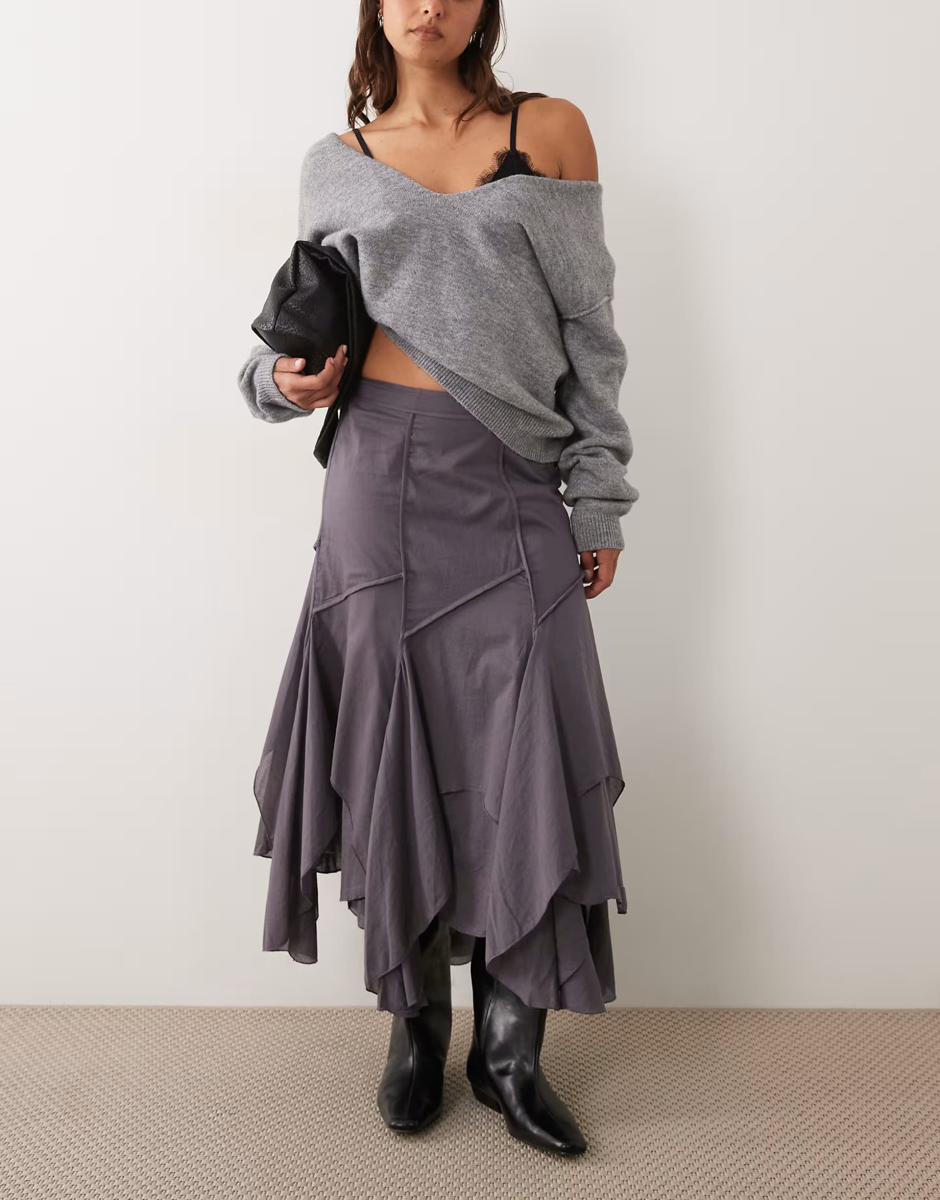 ASOS ASOS DESIGN asymmetric and seam detail midi skirt in charcoal