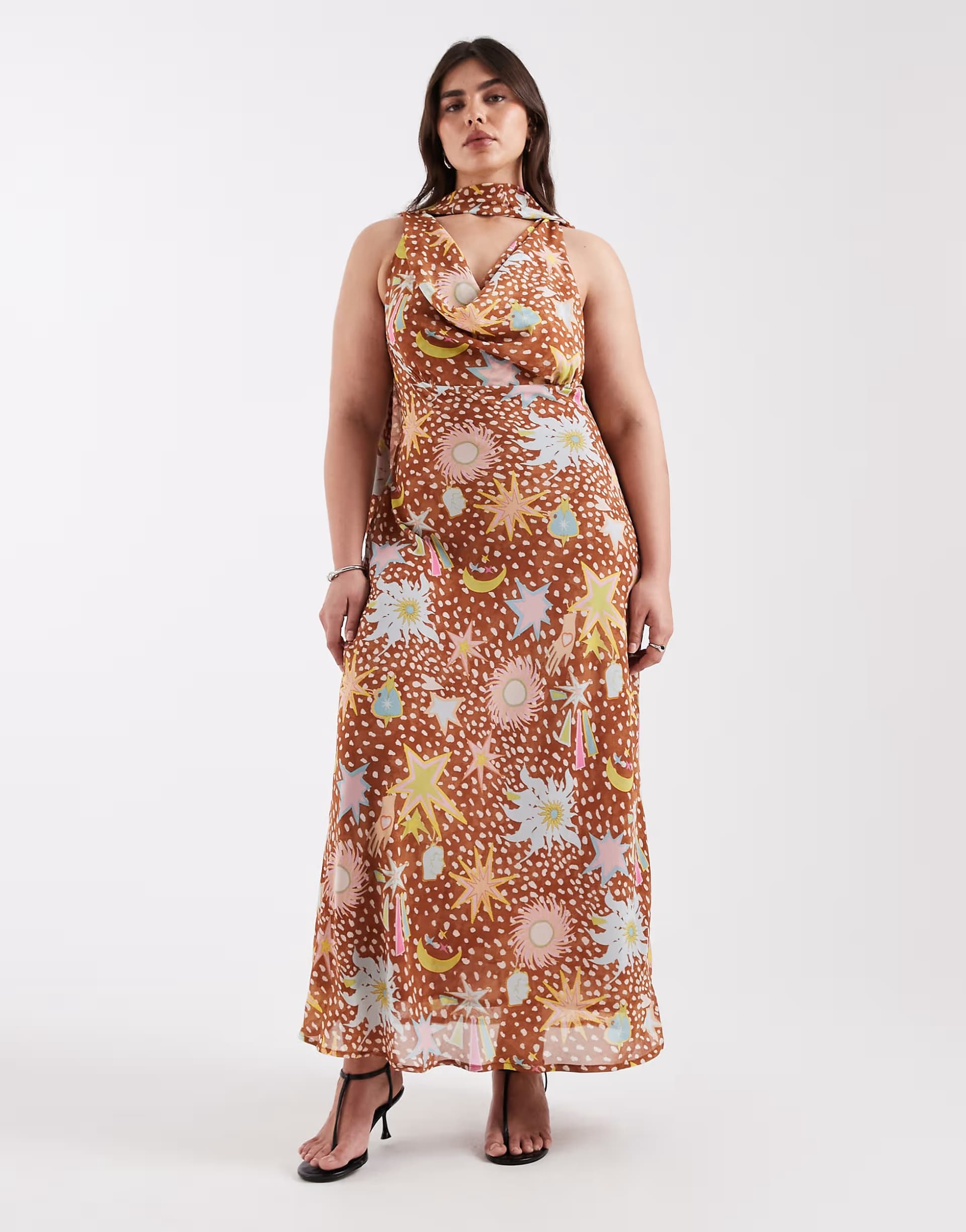 ASOS Never Fully Dressed Plus chiffon cowl scarf neck maxi dress in deer star print