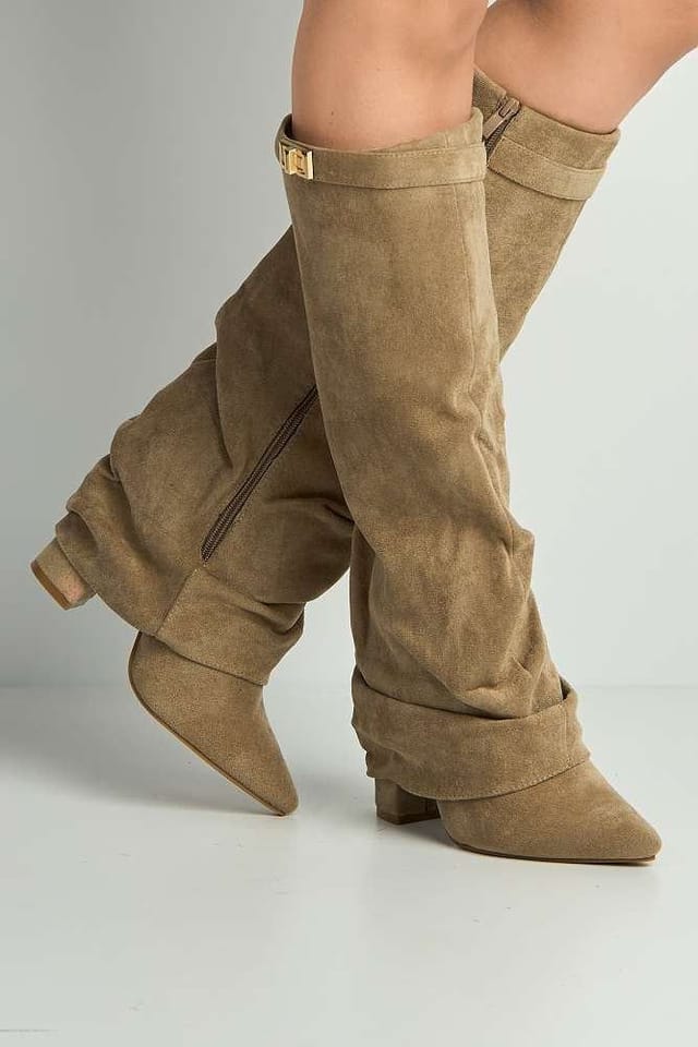 Miss Diva Miss Diva Women's Izel Block Heel Pointy Toe Gold Trim Buckle Ruched Boots in Taupe - 2