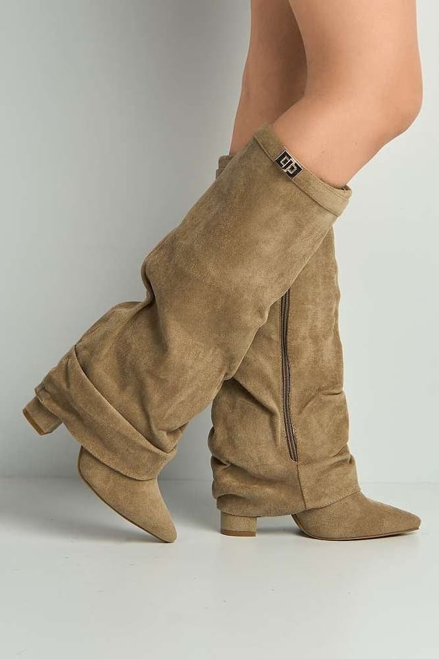 Miss Diva Miss Diva Women's Izel Block Heel Pointy Toe Gold Trim Buckle Ruched Boots in Taupe - 3