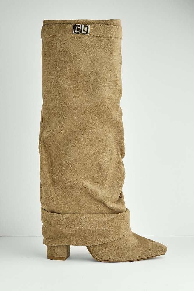 Miss Diva Miss Diva Women's Izel Block Heel Pointy Toe Gold Trim Buckle Ruched Boots in Taupe - 4