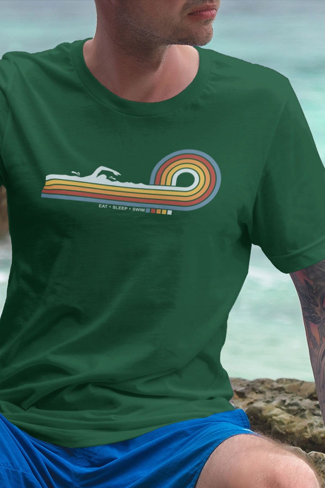 Bad Zebedee Bad Zebedee Men's Retro Lines Swim T-Shirt in Bottle Green - 2