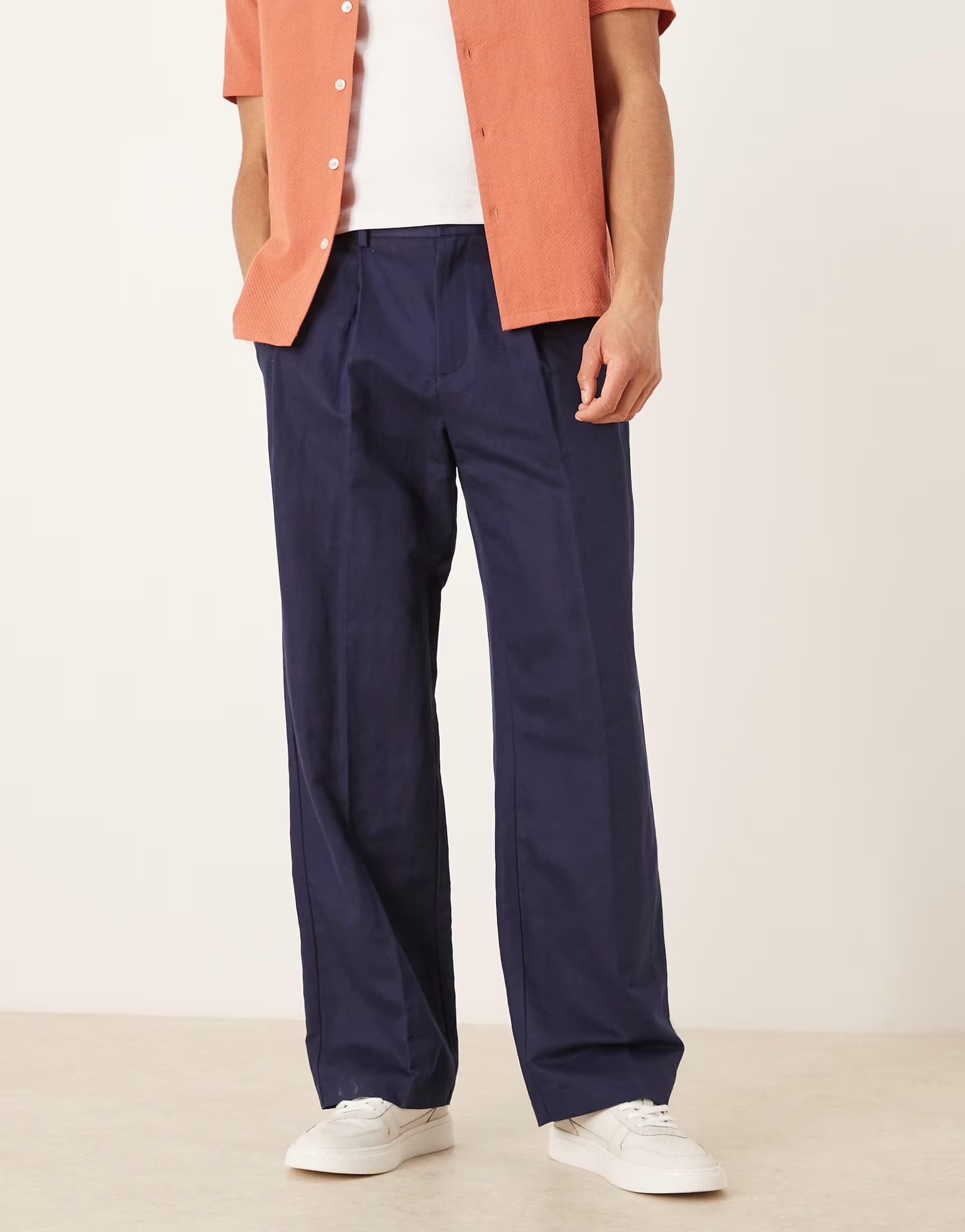 ASOS ASOS DESIGN smart linen rich wide leg trousers in navy with double pleats
