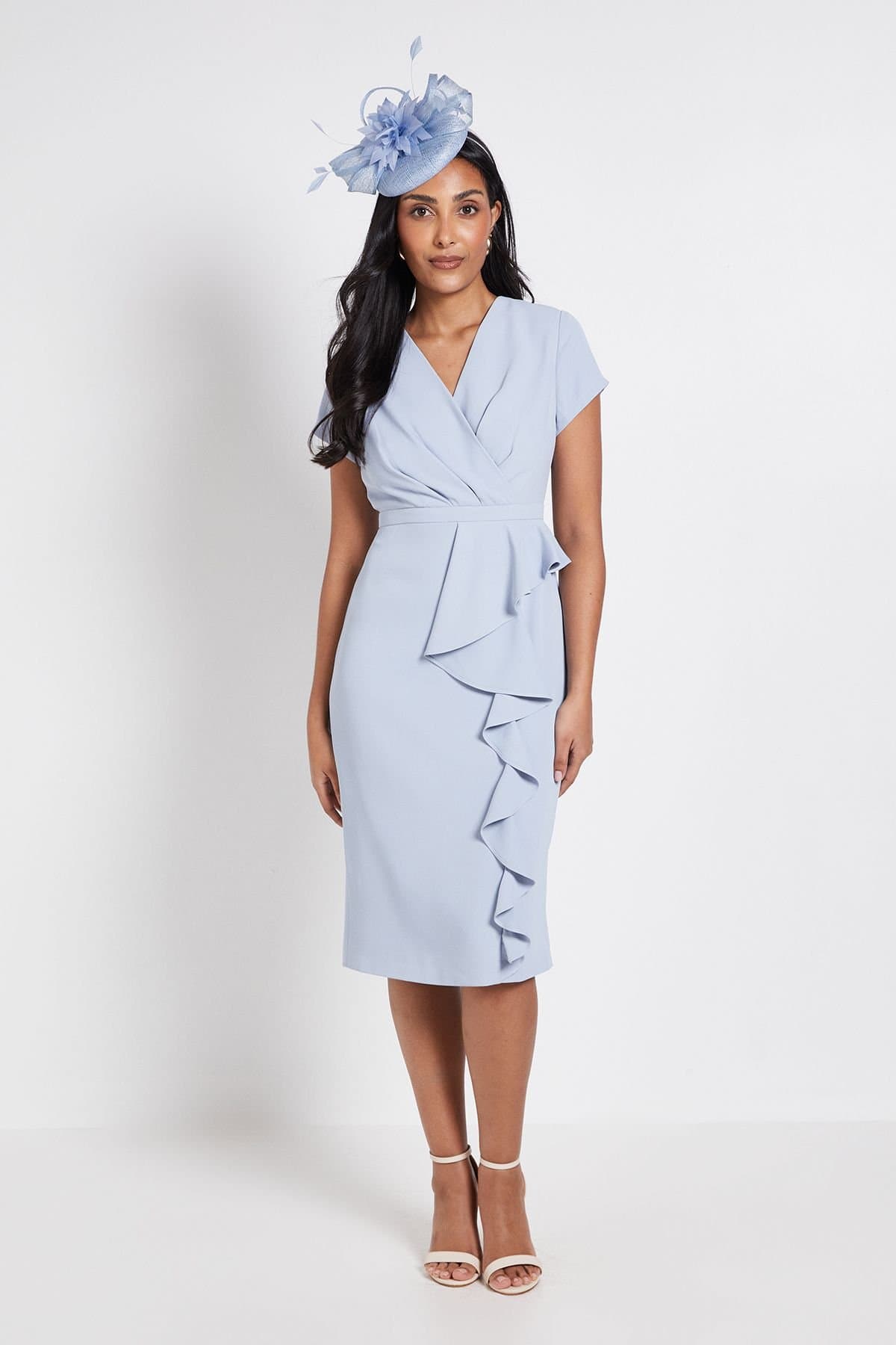 Wallis Wallis Women's Petite Tailored Crepe Ruffle Pencil Dress in Blue