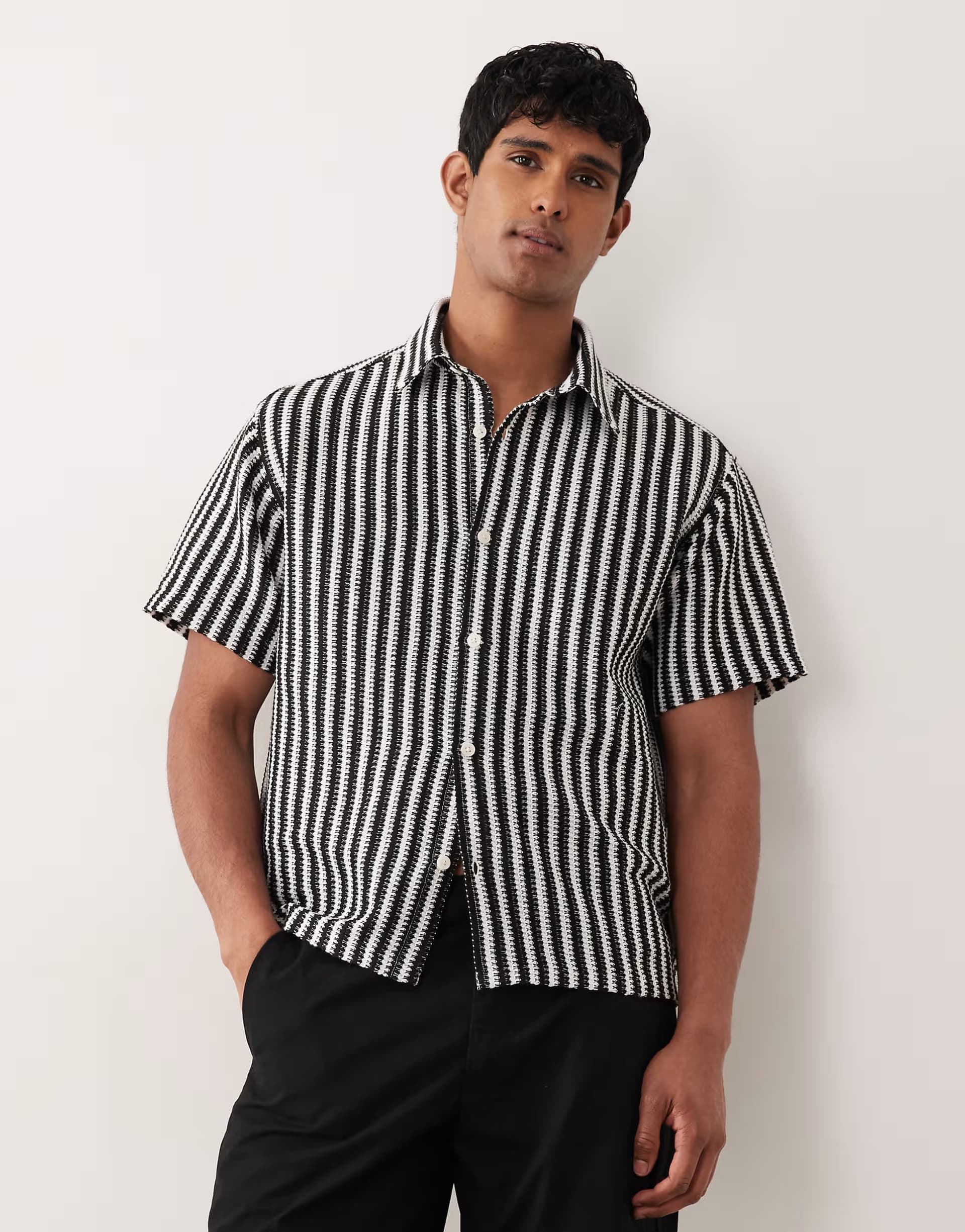 ASOS Jack & Jones crochet stripe short sleeve shirt in black