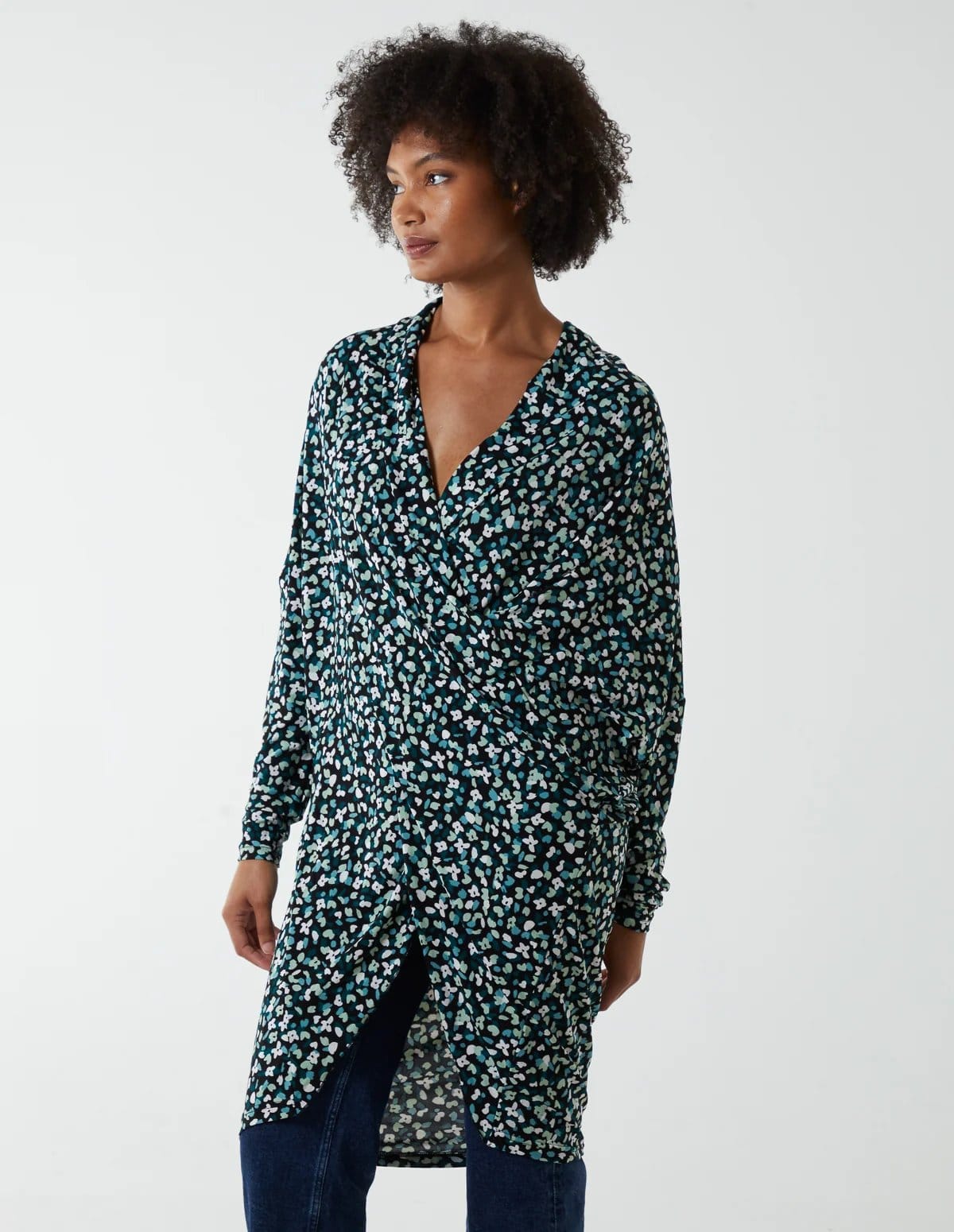 Blue Vanilla Green Patterned Draped Dip Hem Long Top