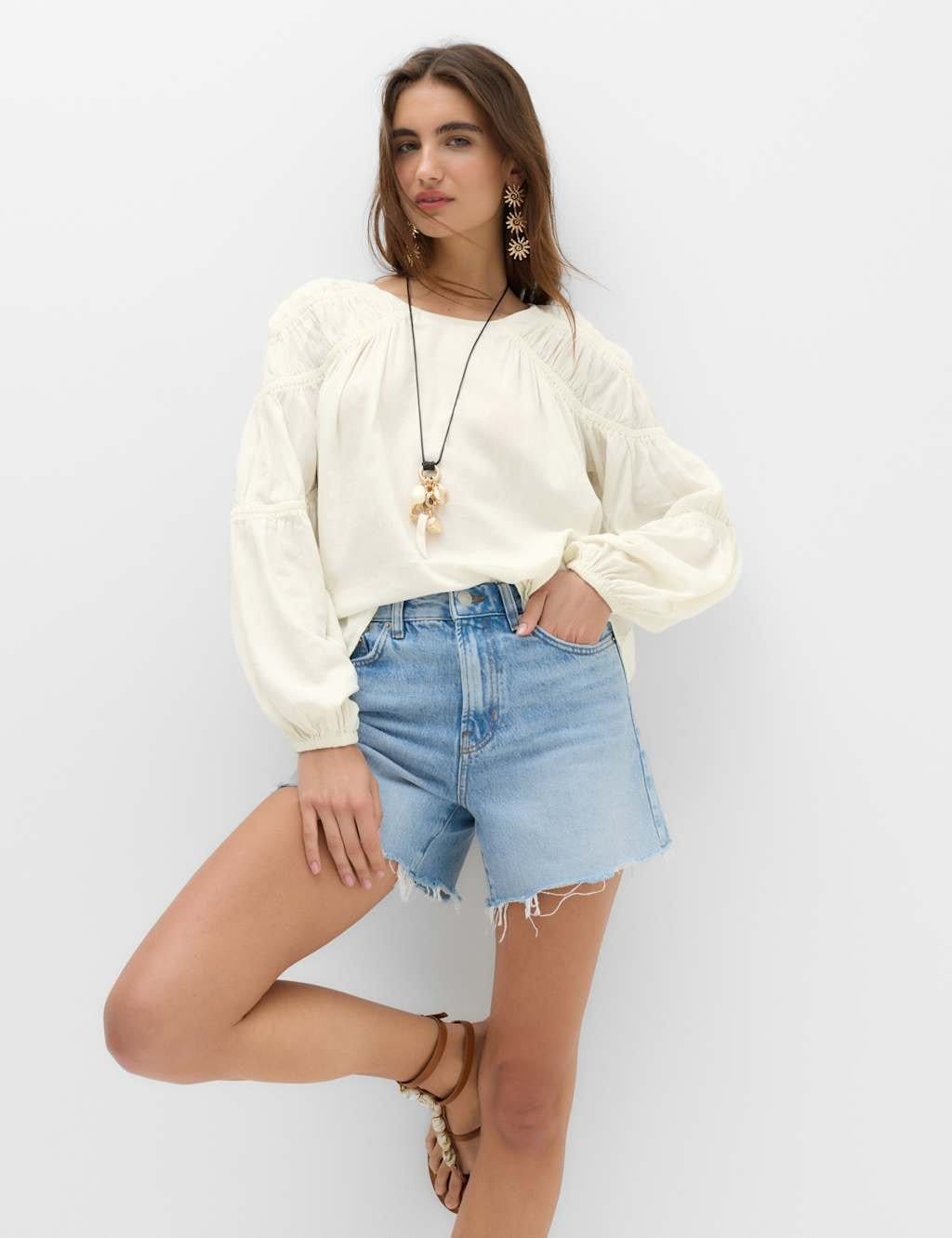 M&S Ivory Linen Blend Relaxed Shirred Top