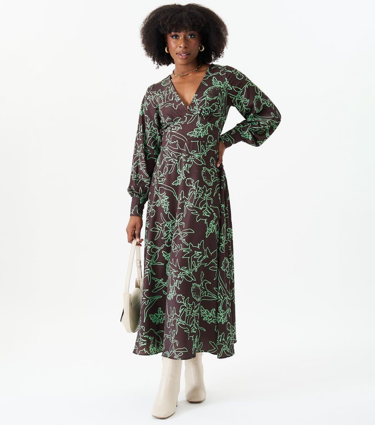 Gini London Women's Brown Floral Print Woven Midi Dress Gini London New Look