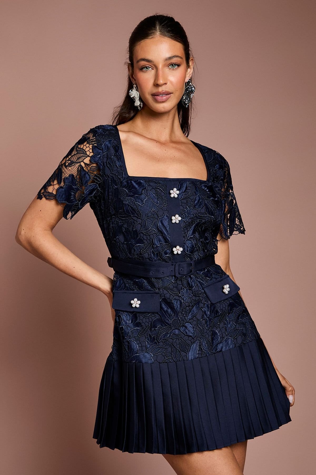 Coast Navy Satin Lace Mini Dress with Pearl Buttons