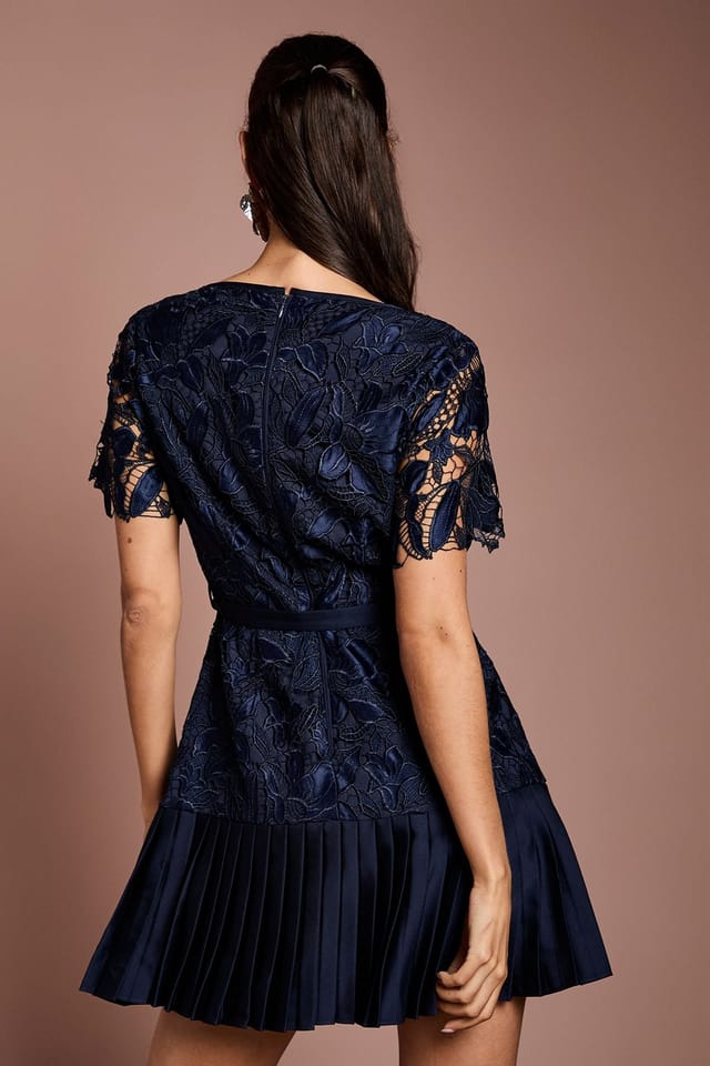 Coast Coast Women's Square Neck Pearl Button Satin Lace Mini Dress in Navy - 3