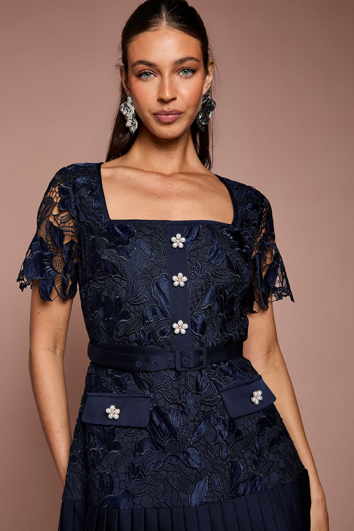 Coast Coast Women's Square Neck Pearl Button Satin Lace Mini Dress in Navy - 4