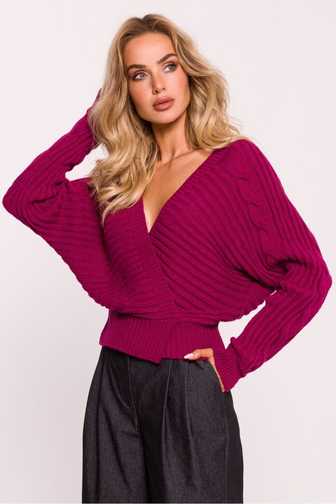 Love Lace Love Lace Women's Striped Wrap Short Knit Sweater with Deep Neck in Pink