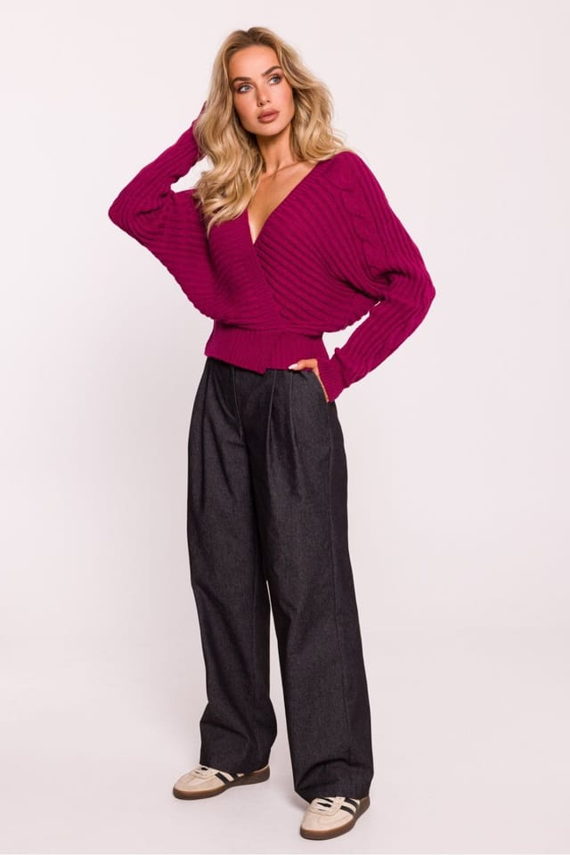 Love Lace Love Lace Women's Striped Wrap Short Knit Sweater with Deep Neck in Pink - 2