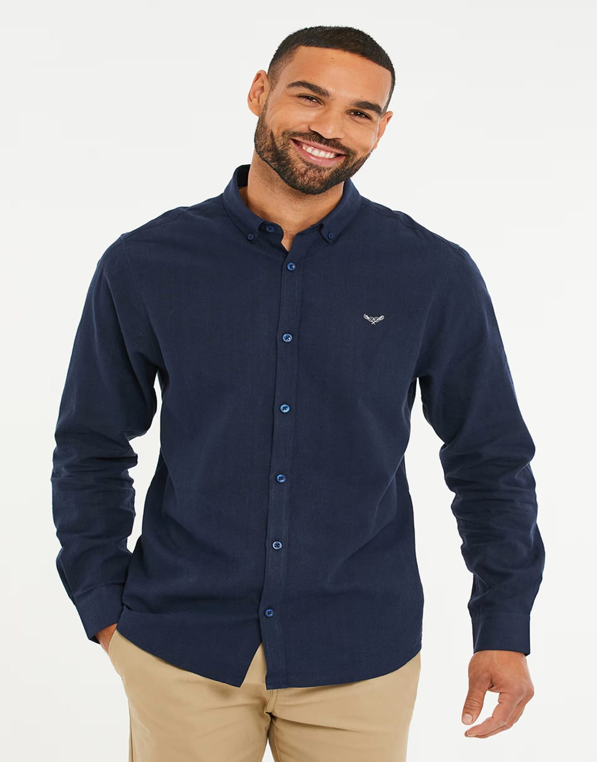 ASOS Threadbare Slim fit linen blend long sleeve shirt in navy - 1