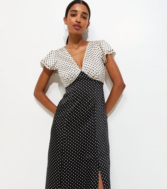 New Look Women's Black and White Satin Polka Dot Midi Dress New Look - 2