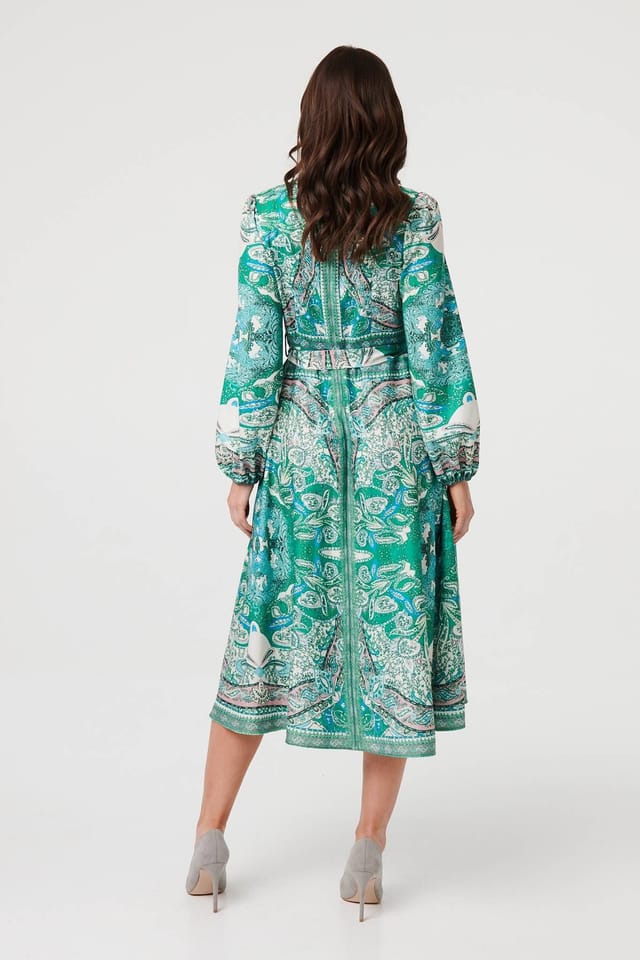 Izabel London Izabel London Women's Printed Long Sleeve Tie Midi Dress in Green - 3