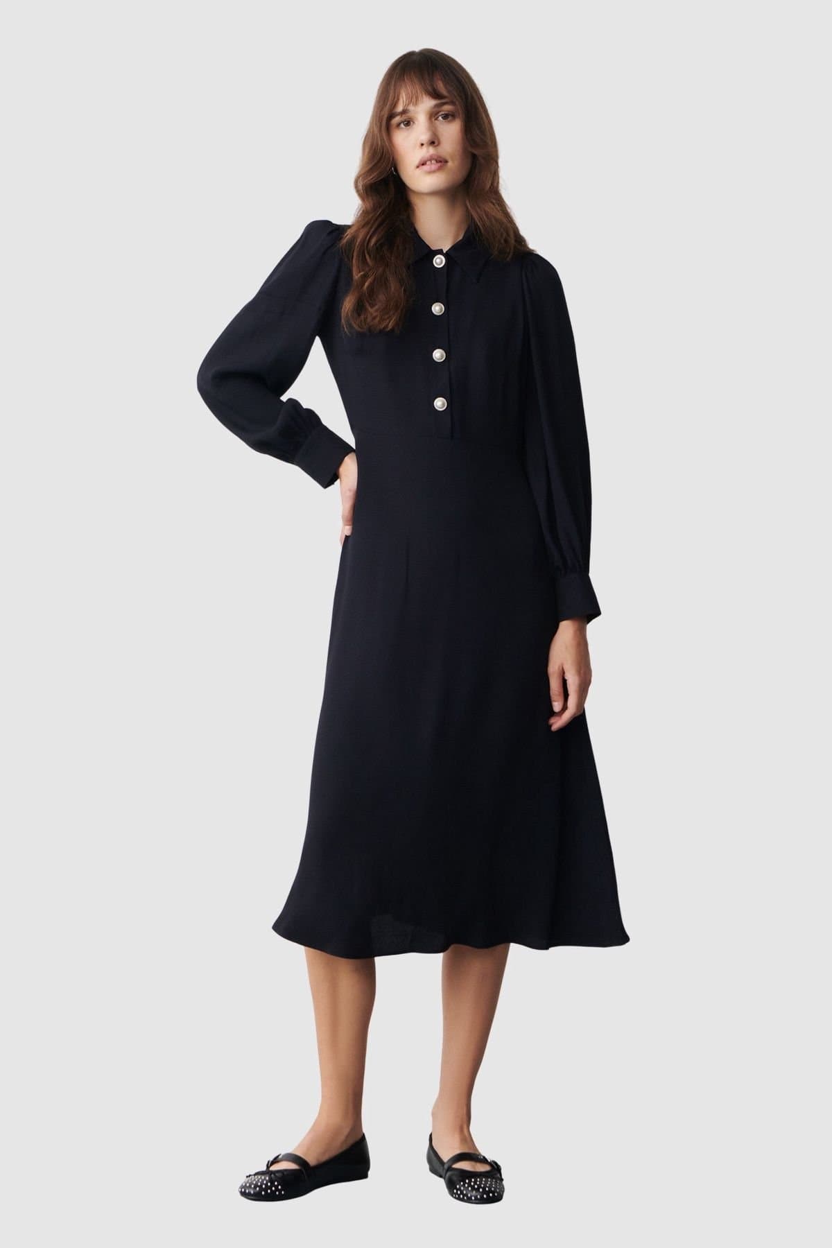Finery London Finery London Women's Rosa Button Detail Midi Dress in Dark Navy