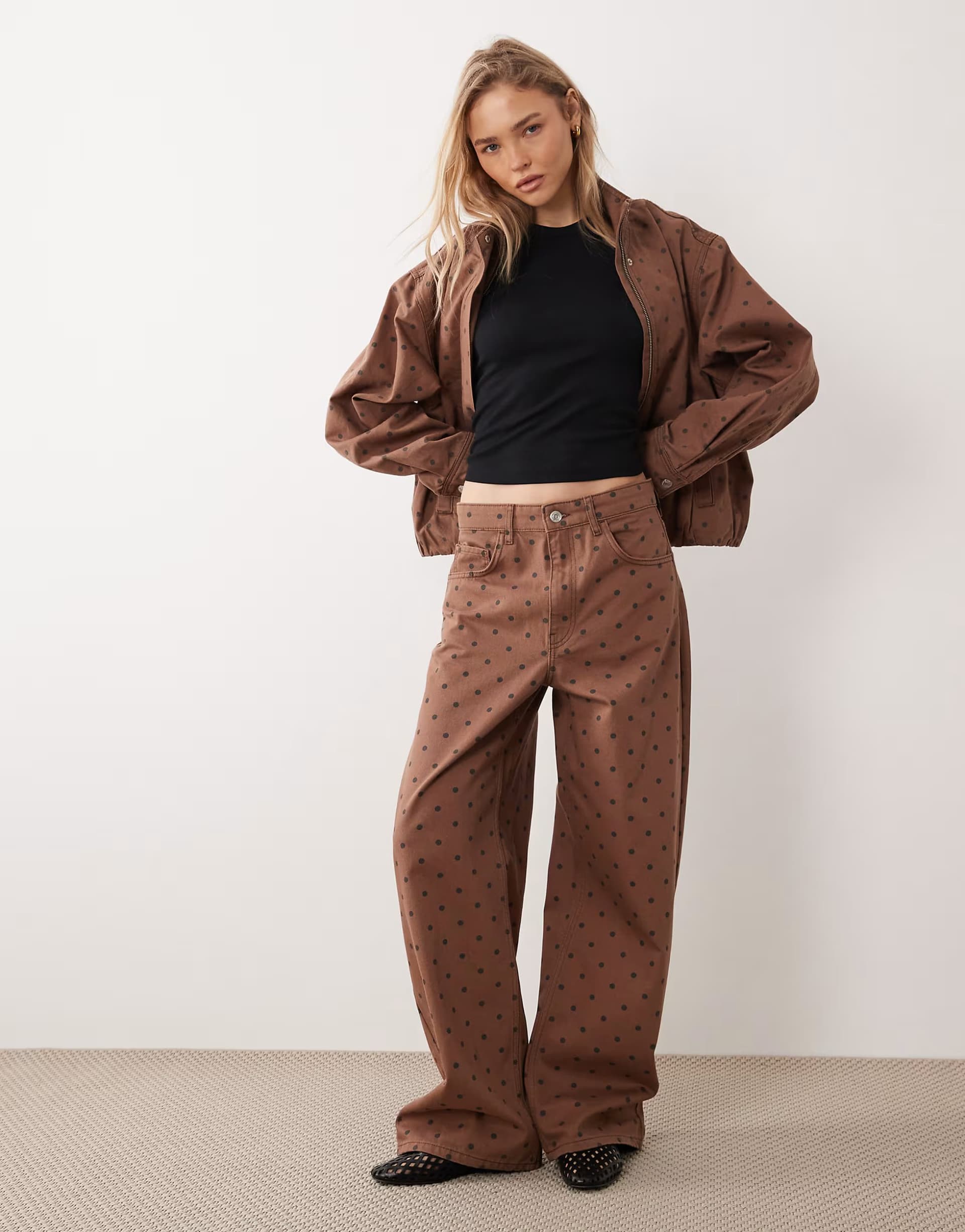 ASOS Mango Dots 100% cotton baggy jean co-ord in brown polka dot