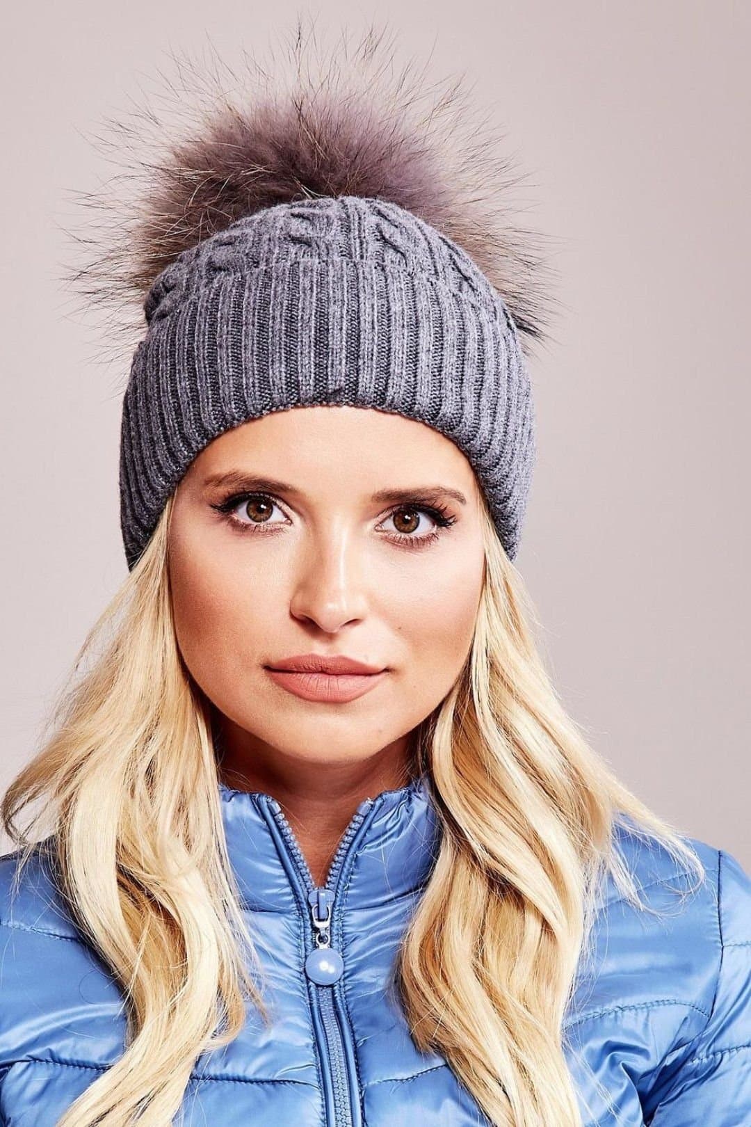 Love Lace Love Lace Women's Winter Hat Wide Cuff With Fluffy Pompom Brim Warm Cap Soft Knit in Grey
