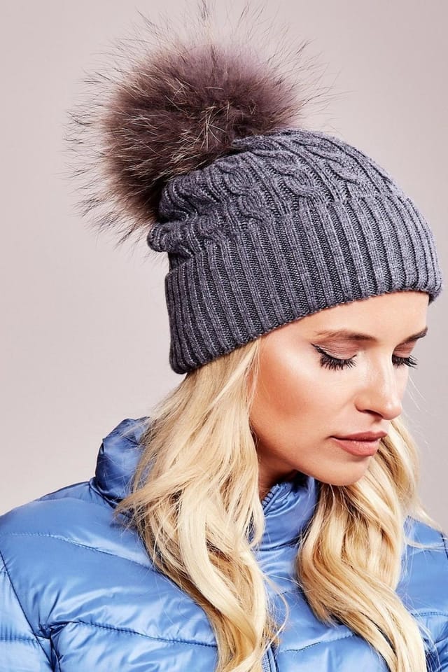 Love Lace Love Lace Women's Winter Hat Wide Cuff With Fluffy Pompom Brim Warm Cap Soft Knit in Grey - 2
