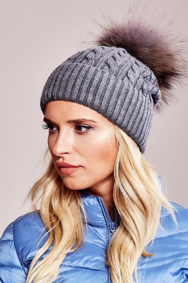Love Lace Love Lace Women's Winter Hat Wide Cuff With Fluffy Pompom Brim Warm Cap Soft Knit in Grey - 3