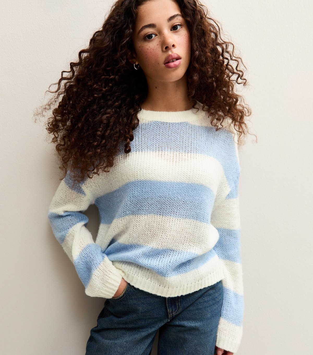 New Look Girls' Light Blue Stripe Open Knit Jumper New Look - 2