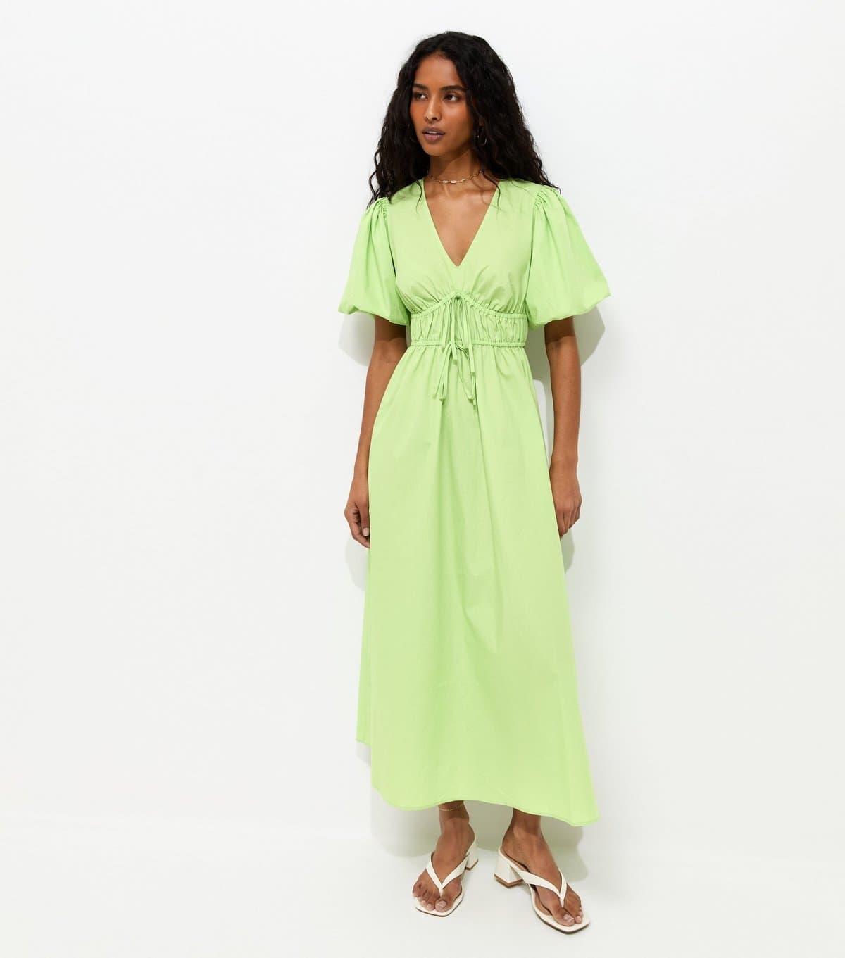 New Look Women's Bright Green Cotton Puff Sleeve Midi Dress New Look