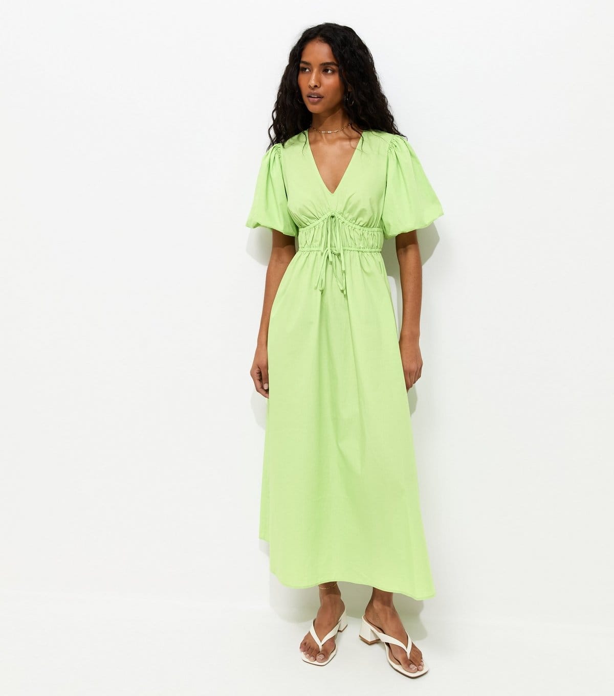 New Look Bright Green Cotton Puff Sleeve Midi Dress