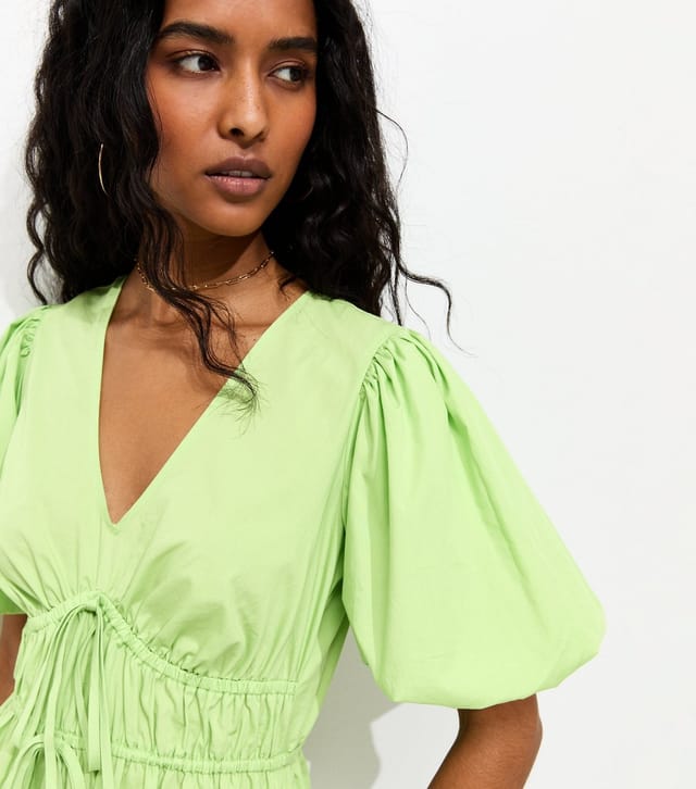 New Look Women's Bright Green Cotton Puff Sleeve Midi Dress New Look - 2