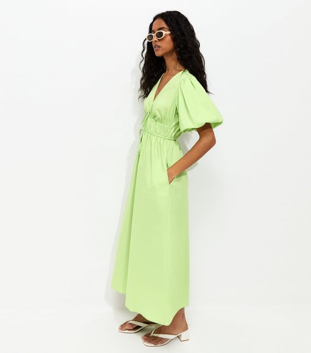 New Look Women's Bright Green Cotton Puff Sleeve Midi Dress New Look - 3