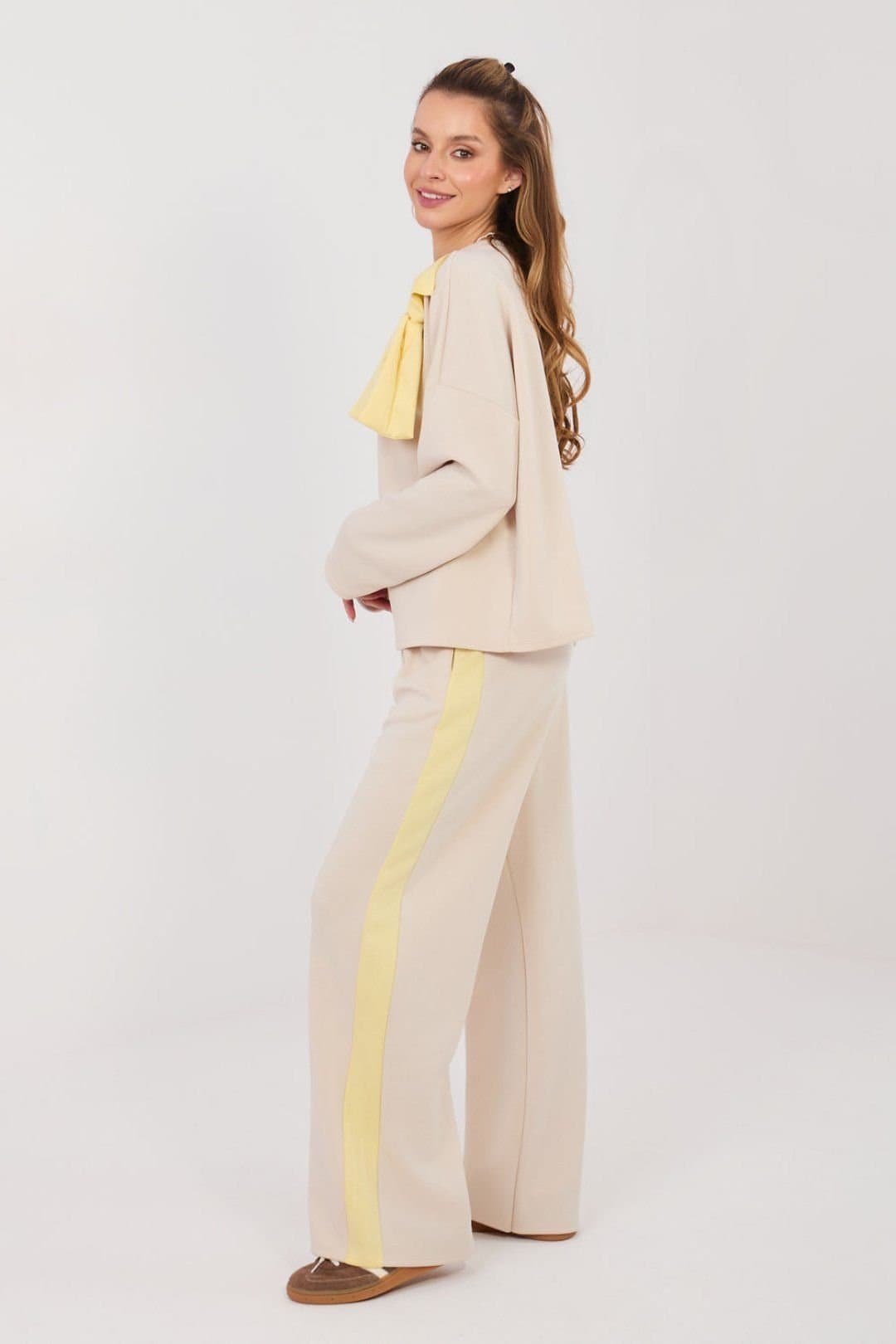 Love Lace Love Lace Women's Everyday Bow Detail Wide Leg Tracksuit Set in Beige
