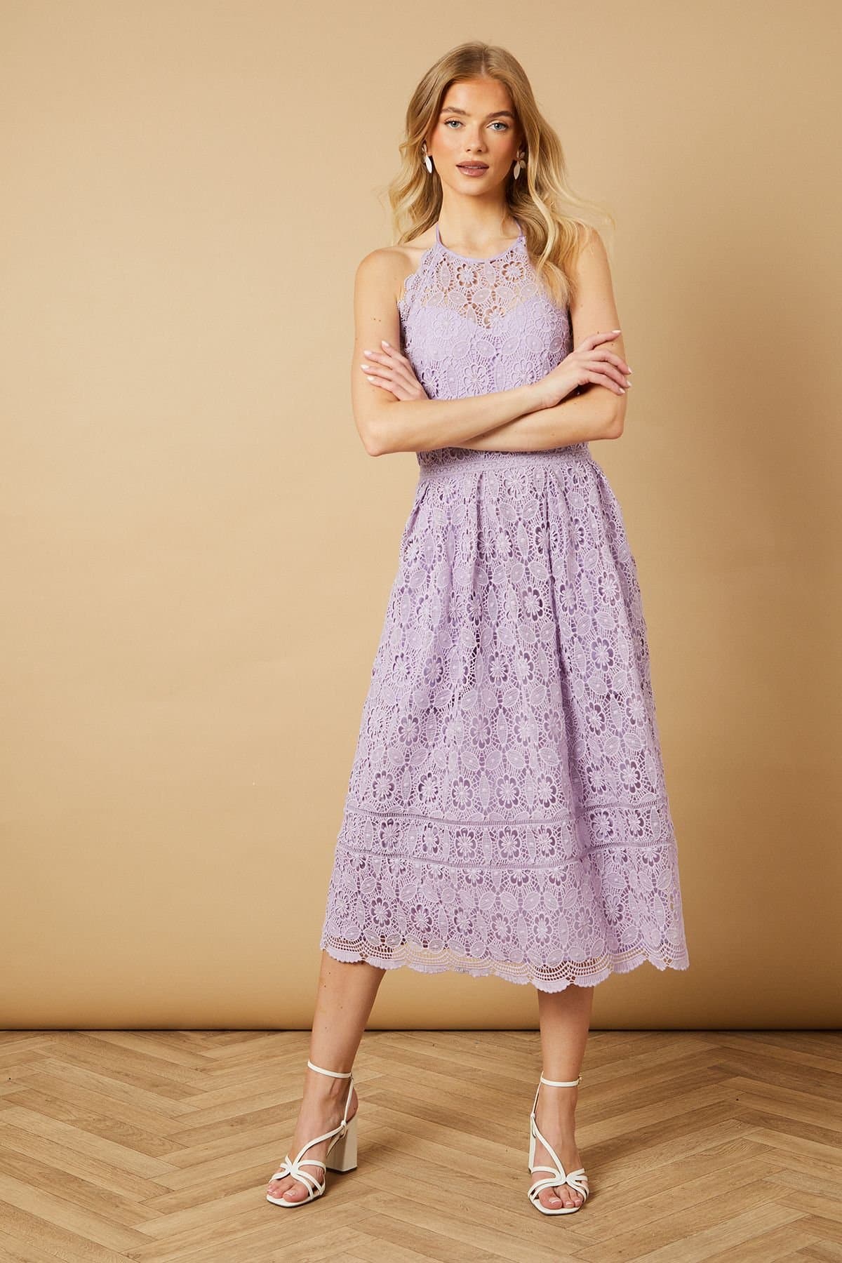 Oasis Oasis Women's Lace Detail Halterneck Midi Dress in Lilac