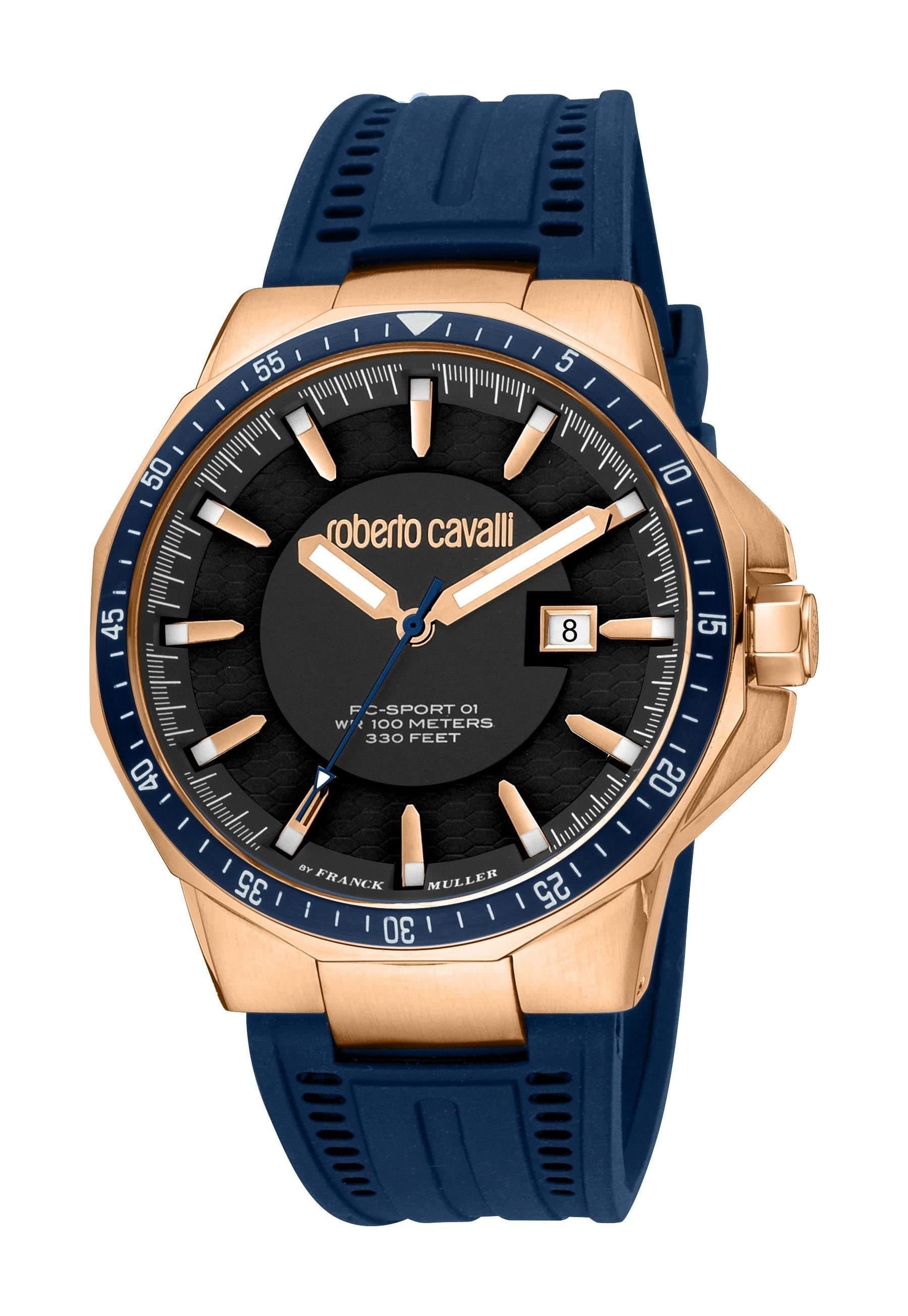 Roberto Cavalli by Franck Muller Roberto Cavalli by Franck Muller Men's Black Dial Gold Bezel Watch in Dark Blue