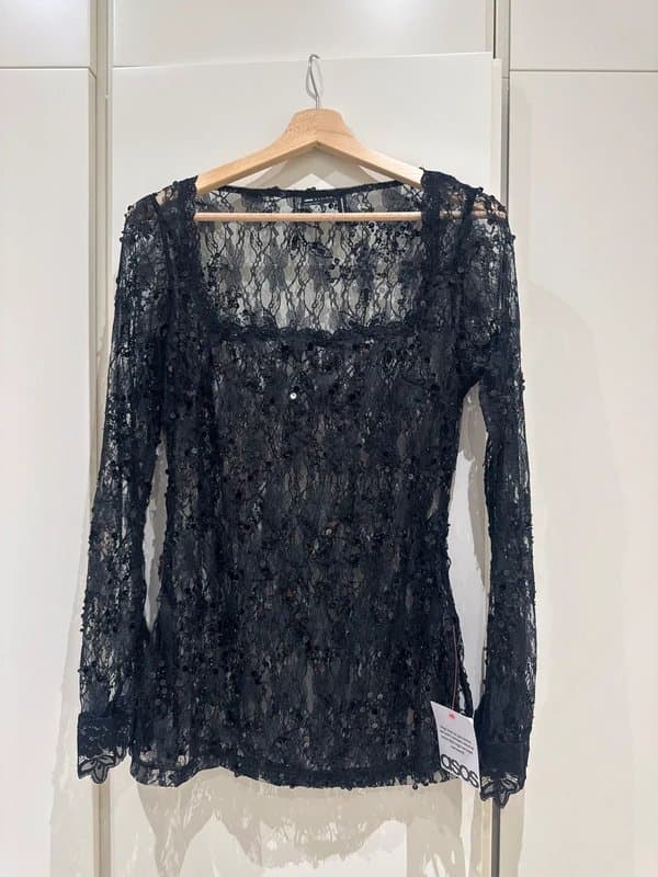 ASOS ASOS Design Lace Embellished Sequin Square Neck Top